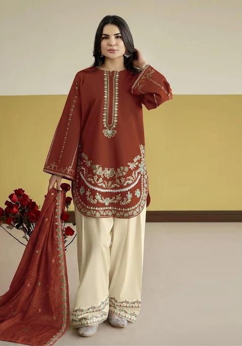 Red Embroidery Silk Kurta Set