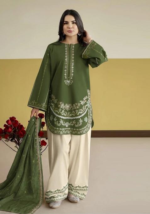 Green Embroidery Silk Kurta Set
