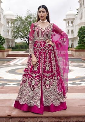 Rani Pink Embroidery Net Anarkali Set