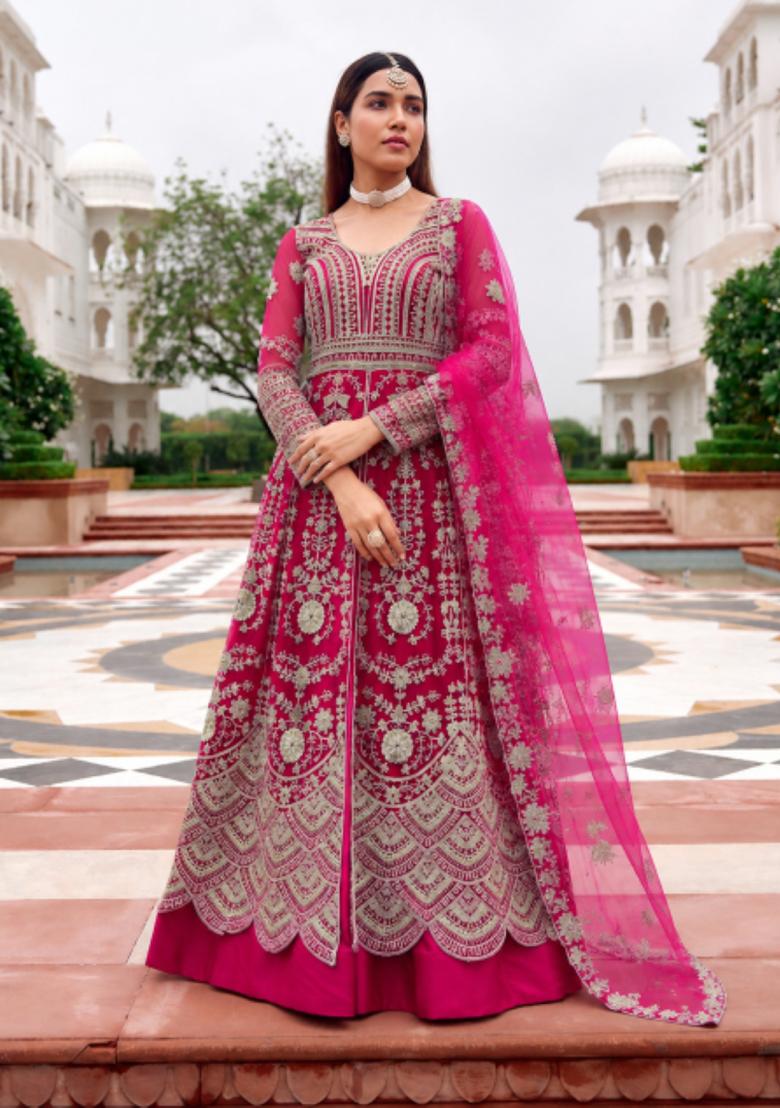Rani Pink Embroidery Net Anarkali Set - Indya