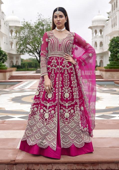Rani Pink Embroidery Net Anarkali Set