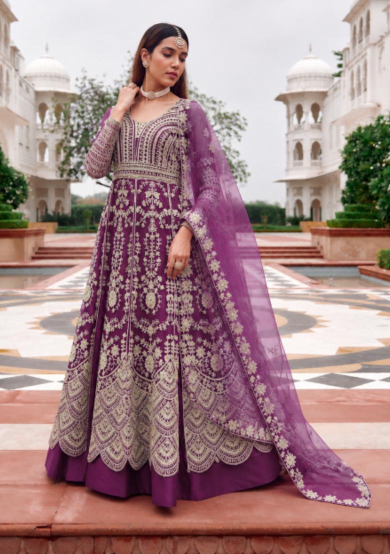Purple Embroidery Net Anarkali Set - Indya