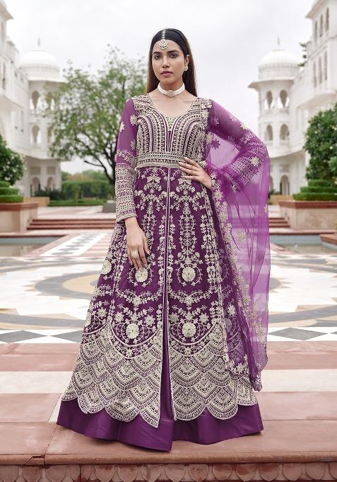 Purple Embroidery Net Anarkali Set
