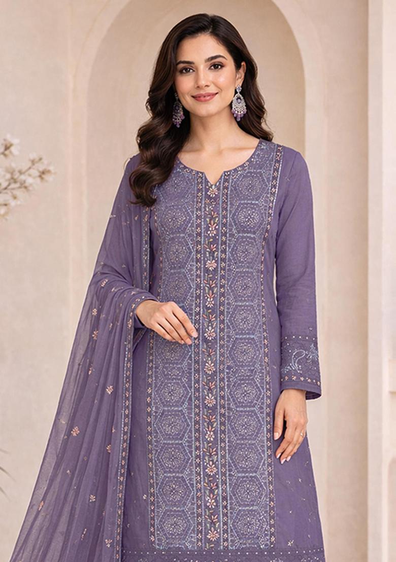 Purple Embroidery Chiffon Kurta Set - Indya