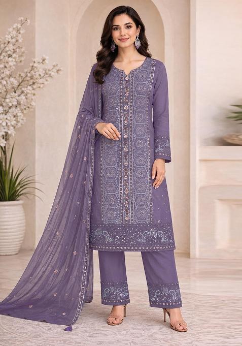 Purple Embroidery Chiffon Kurta Set