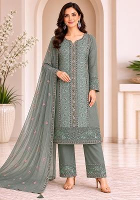 Olive Embroidery Chiffon Kurta Set