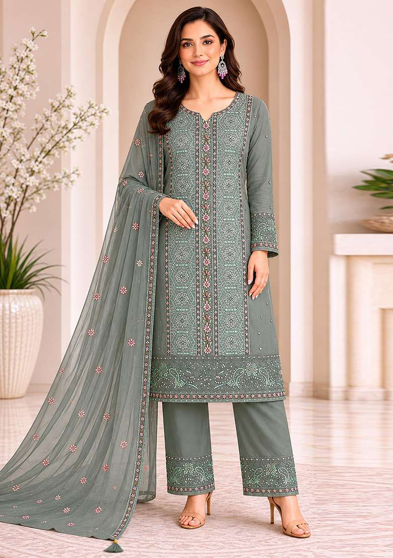 Olive Embroidery Chiffon Kurta Set - Indya