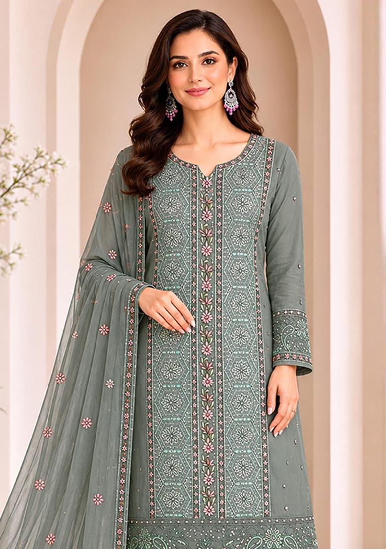 Olive Embroidery Chiffon Kurta Set - Indya