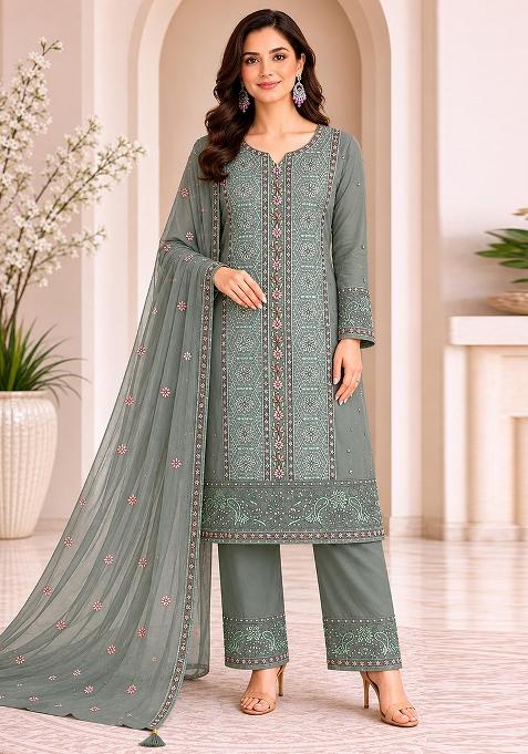 Olive Embroidery Chiffon Kurta Set