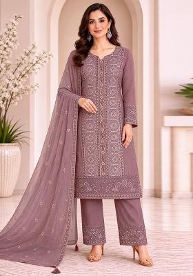 Brown Embroidery Chiffon Kurta Set