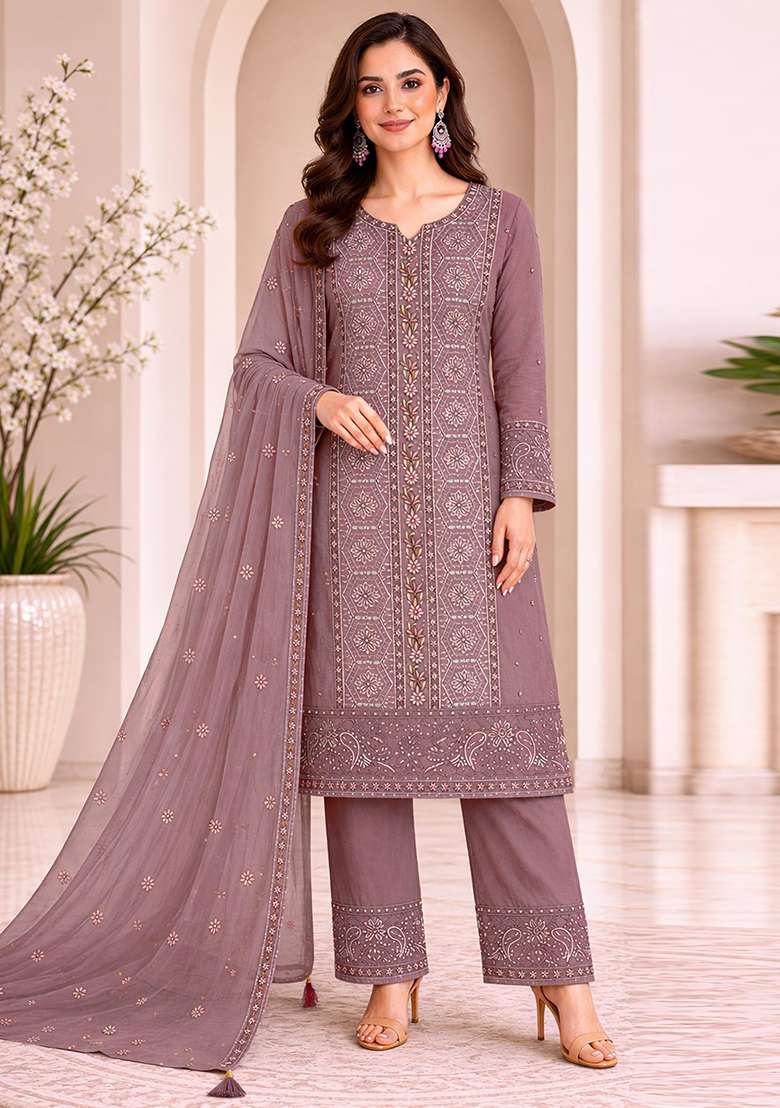 Brown Embroidery Chiffon Kurta Set - Indya