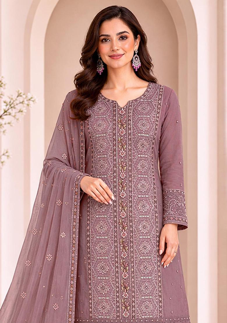 Brown Embroidery Chiffon Kurta Set - Indya