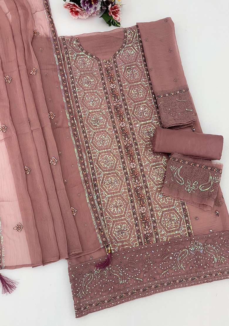 Brown Embroidery Chiffon Kurta Set - Indya