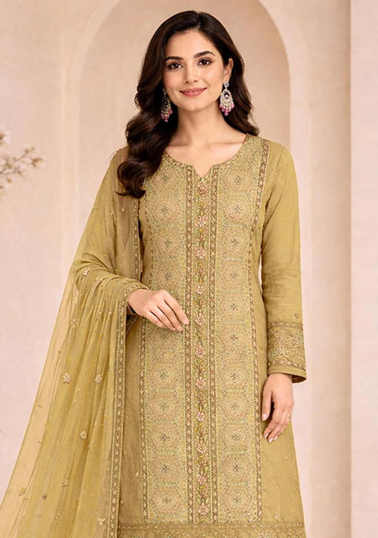 Yellow Embroidery Chiffon Kurta Set - Indya