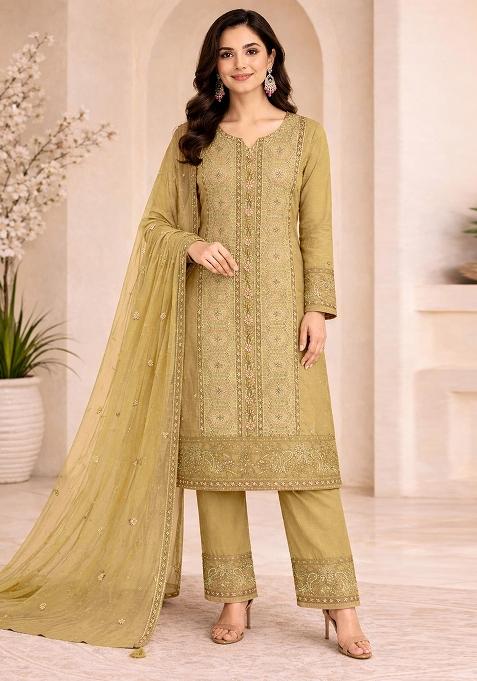 Yellow Embroidery Chiffon Kurta Set