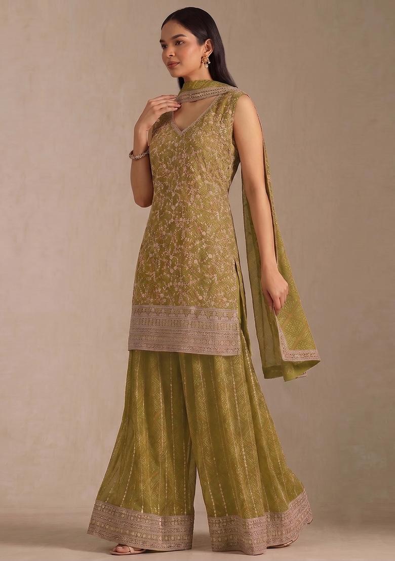 Olive Embroidery Georgette Kurta Set - Indya