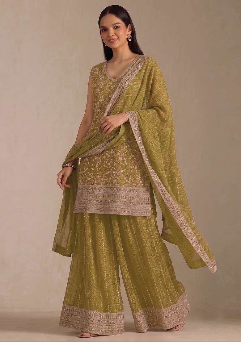Olive Embroidery Georgette Kurta Set - Indya
