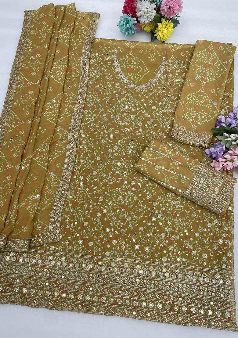 Olive Embroidery Georgette Kurta Set - Indya