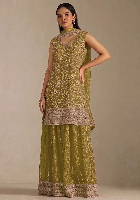 Olive Embroidery Georgette Kurta Set
