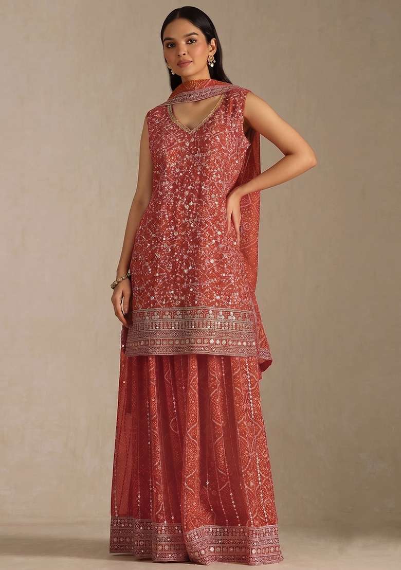 Orange Embroidery Georgette Kurta Set - Indya