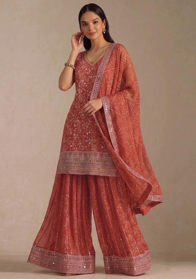 Orange Embroidery Georgette Kurta Set - Indya