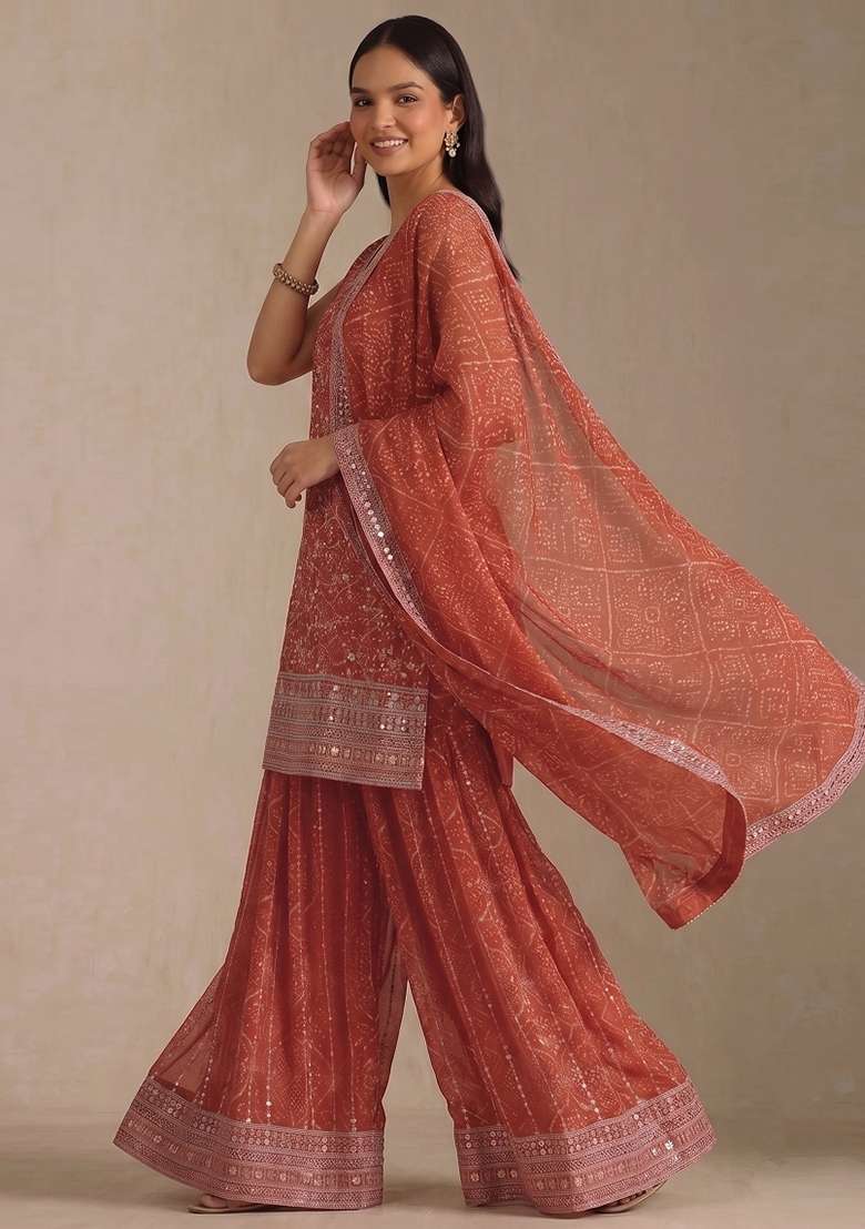 Orange Embroidery Georgette Kurta Set - Indya