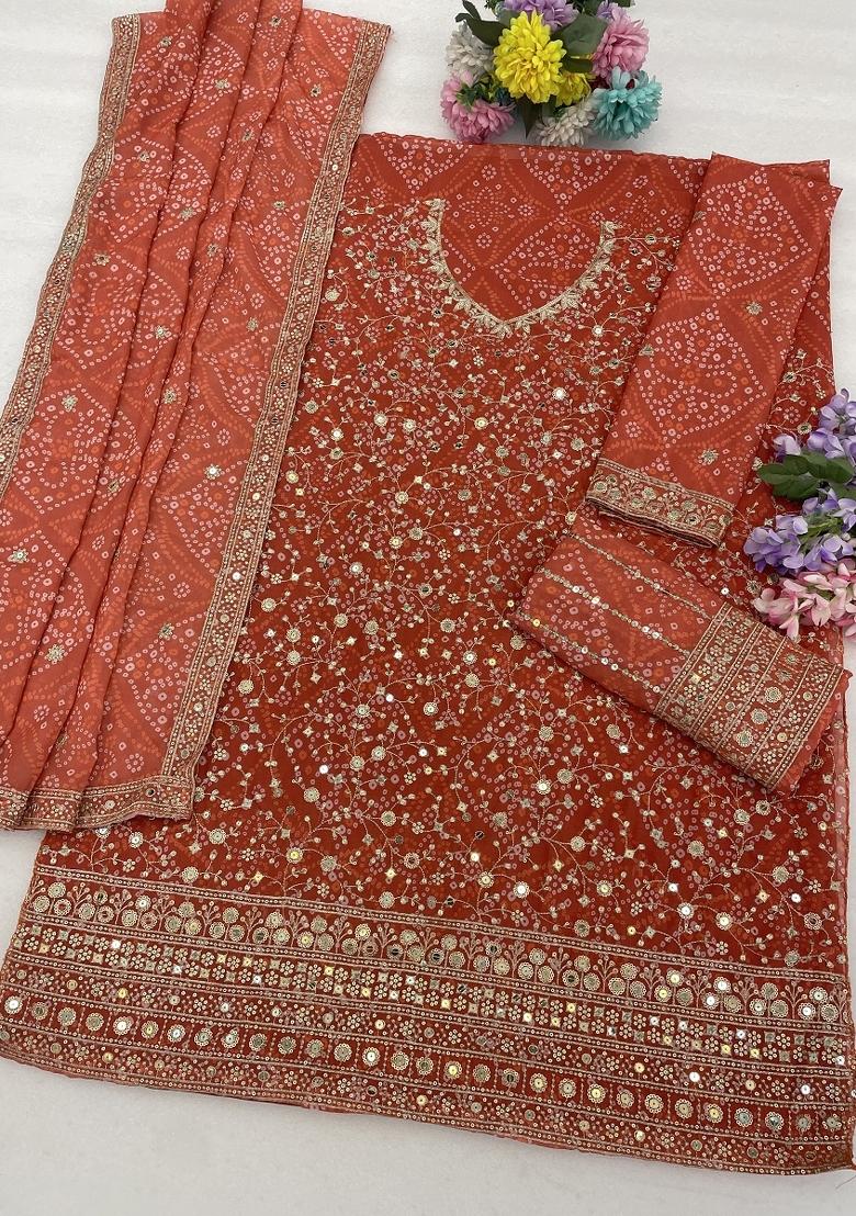 Orange Embroidery Georgette Kurta Set - Indya
