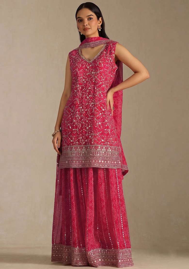 Pink Embroidery Georgette Kurta Set - Indya