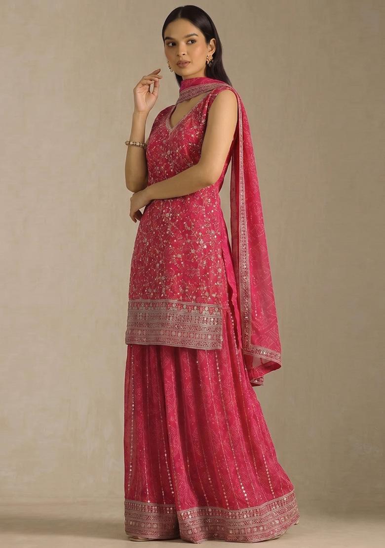 Pink Embroidery Georgette Kurta Set - Indya