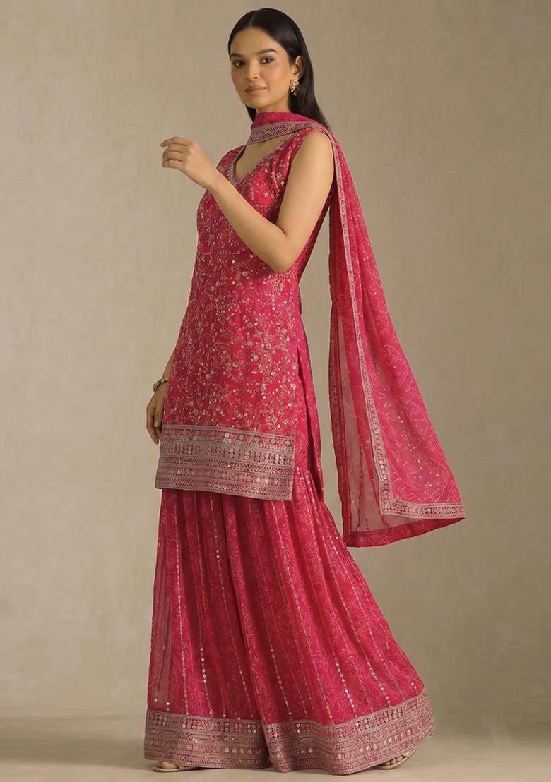 Pink Embroidery Georgette Kurta Set - Indya