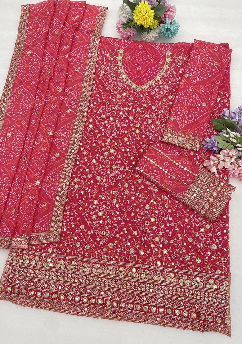 Pink Embroidery Georgette Kurta Set - Indya