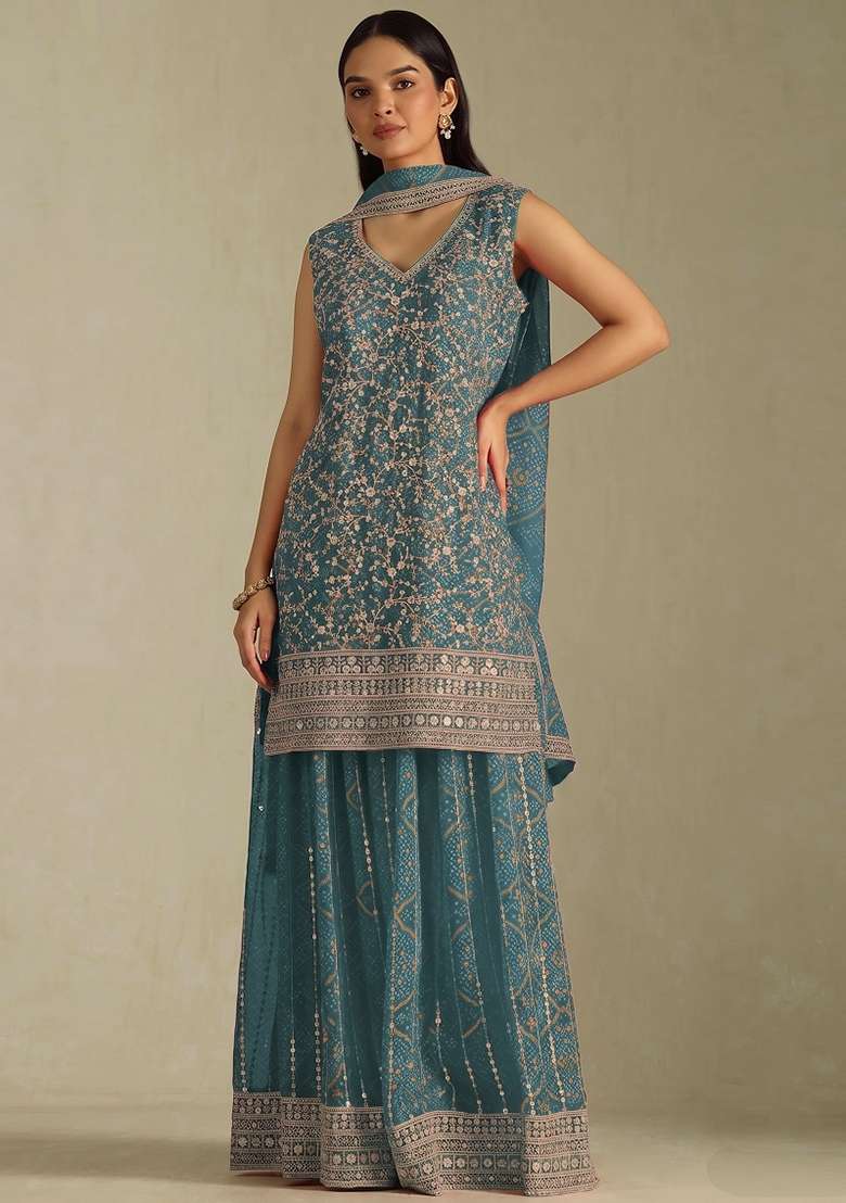 Teal Embroidery Georgette Kurta Set - Indya