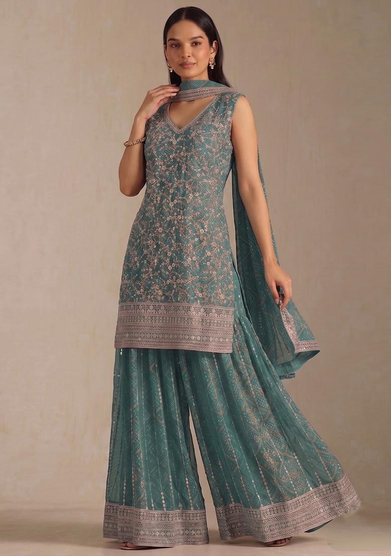 Teal Embroidery Georgette Kurta Set - Indya