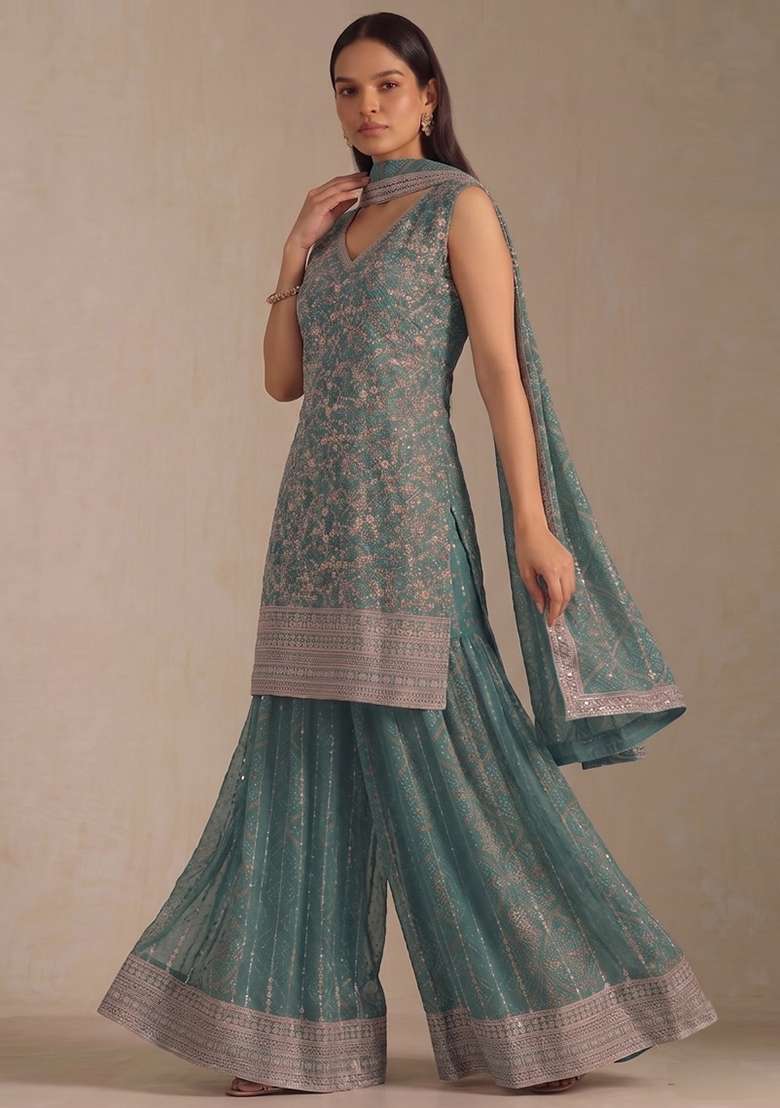 Teal Embroidery Georgette Kurta Set - Indya