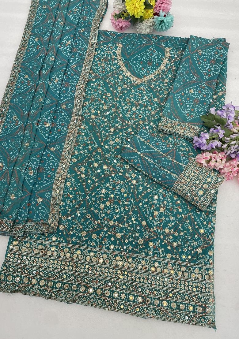 Teal Embroidery Georgette Kurta Set - Indya