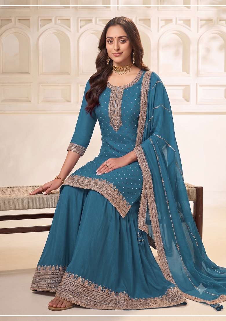 Blue Embroidery Silk Kurta Set - Indya