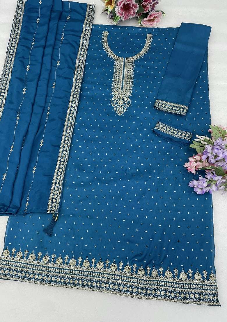 Blue Embroidery Silk Kurta Set - Indya