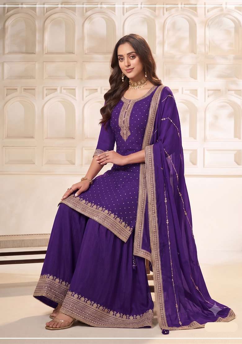 Purple Embroidery Silk Kurta Set - Indya