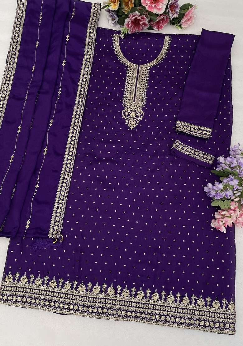 Purple Embroidery Silk Kurta Set - Indya