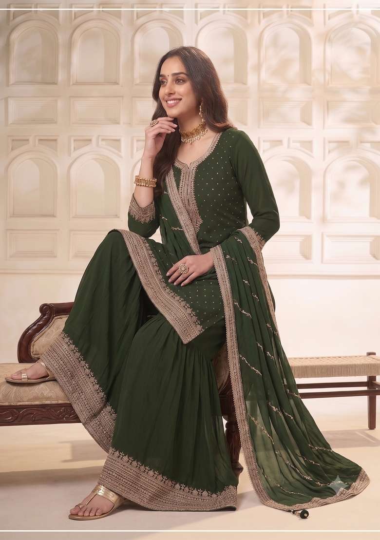 Mehendi Embroidery Silk Kurta Set - Indya
