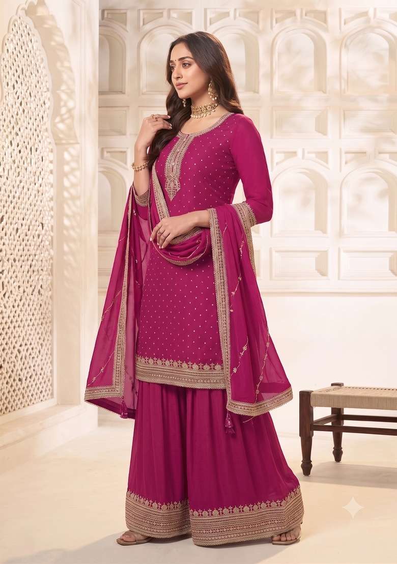 Pink Embroidery Silk Kurta Set - Indya