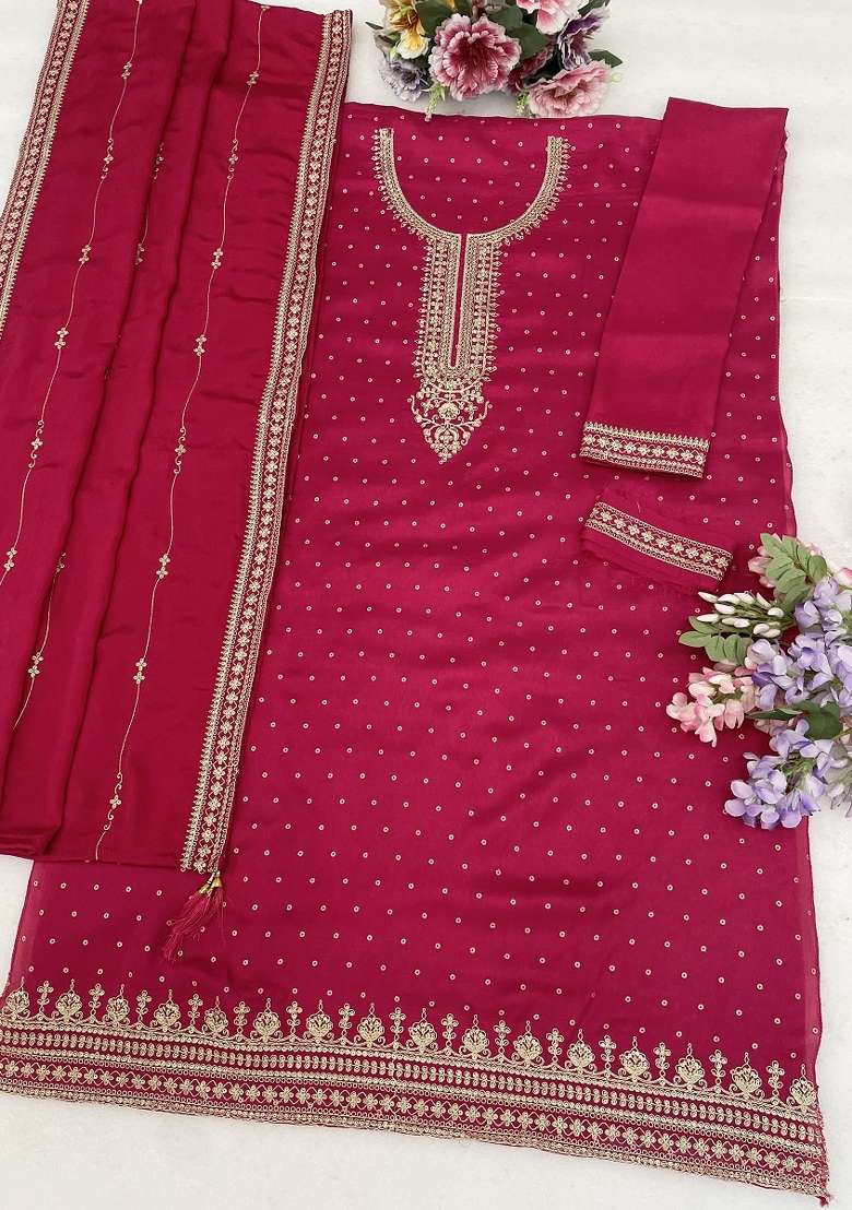 Pink Embroidery Silk Kurta Set - Indya