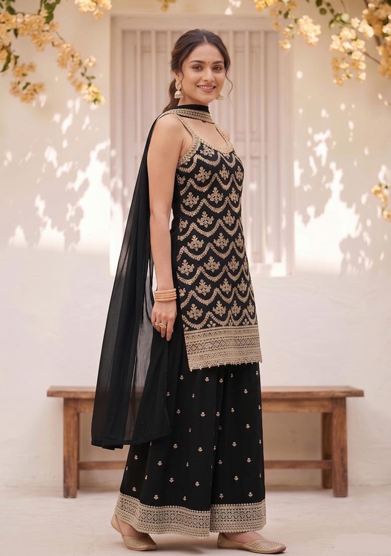 Black Embroidery Silk Kurta Set - Indya