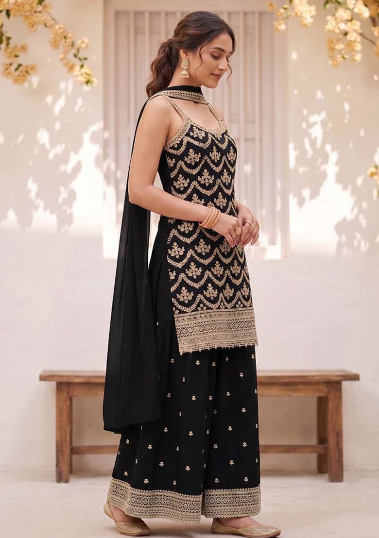 Black Embroidery Silk Kurta Set - Indya