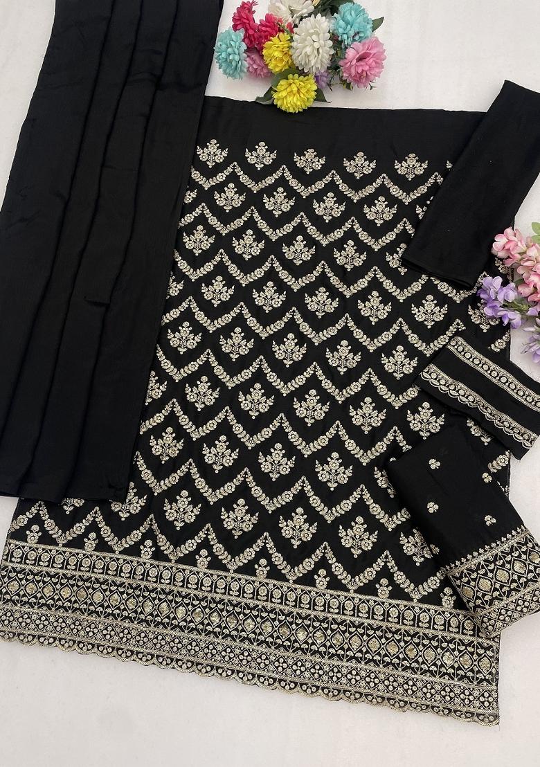 Black Embroidery Silk Kurta Set - Indya