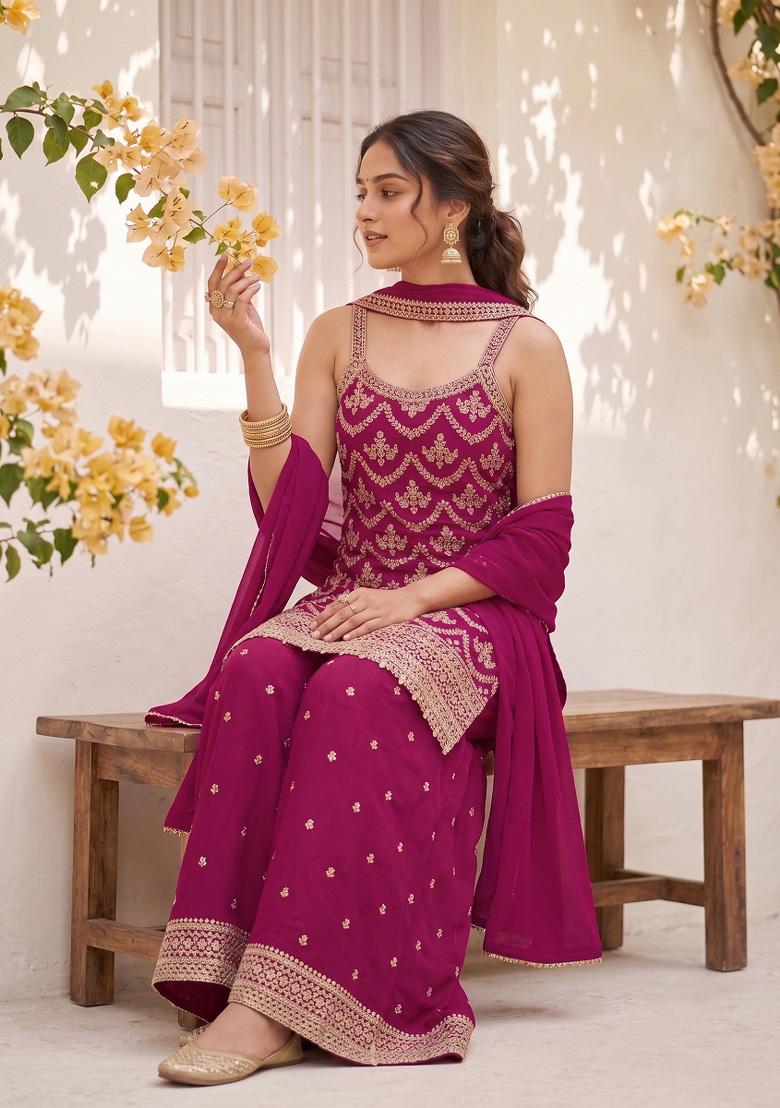 Pink Embroidery Silk Kurta Set - Indya