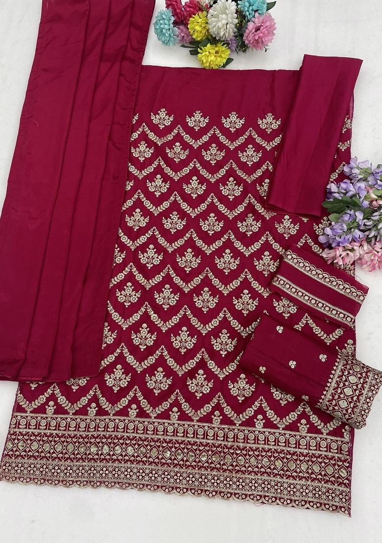 Pink Embroidery Silk Kurta Set - Indya