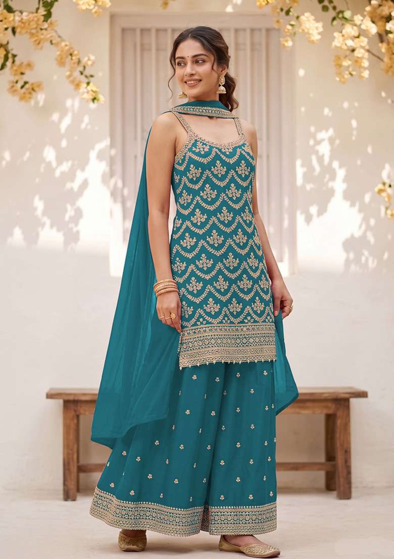 Teal Embroidery Silk Kurta Set - Indya