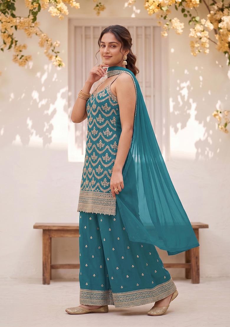 Teal Embroidery Silk Kurta Set - Indya