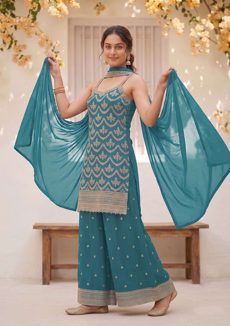 Teal Embroidery Silk Kurta Set - Indya
